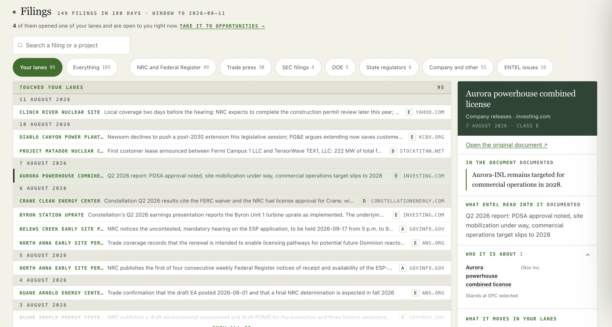 ENTEL Filings: 149 filings in 180 days, filtered by source group, each row carrying its evidence class and the domain it came from, with the original document one click away.